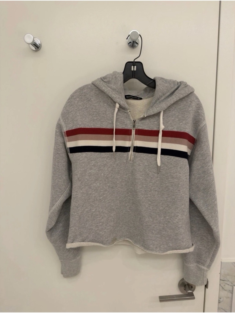 Abercrombie & Fitch Gray Hooded Half-Zip Sweatshirt with Red and Navy Stripes